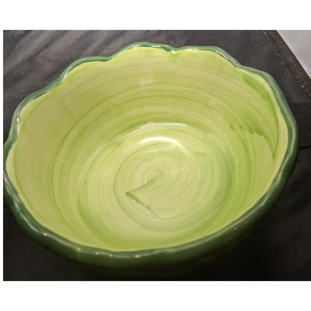 Set of 2 Ceramic Cabbage Leaf Bowls Green Scalloped Rim Hand Painted Bowls